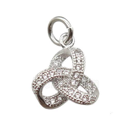 copper knot pendant paved zircon, platinum plated