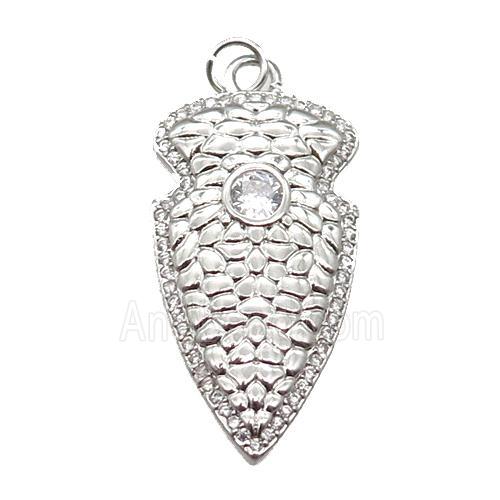 copper arrowhead pendant paved zircon, platinum plated