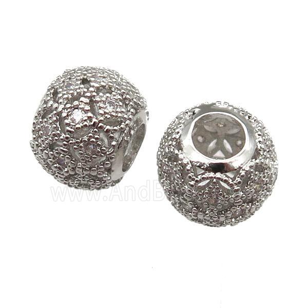 European Style copper round beads paved zircon, platinum plated