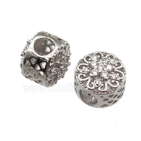European Style copper rondelle beads paved zircon, platinum plated