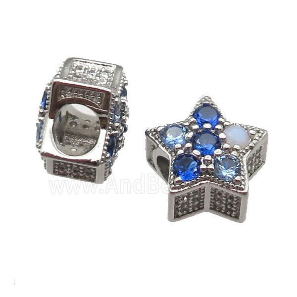 European Style copper star beads pave zircon, platinum plated