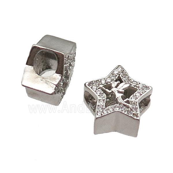 European Style copper star beads paved zircon, large hole, platinum plated