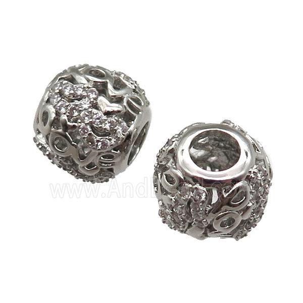 European Style copper round beads paved zircon, platinum plated