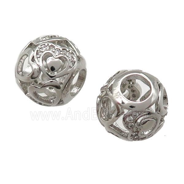 European Style copper round beads paved zircon, hollow, platinum plated