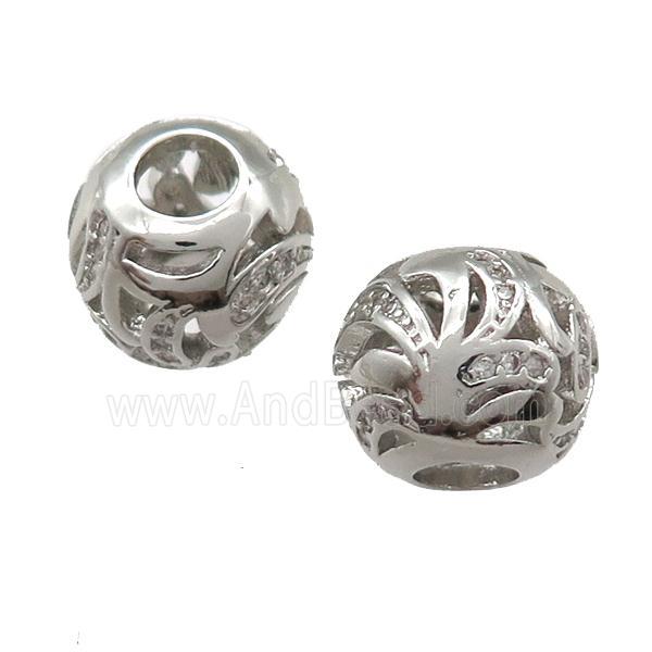 European Style copper round beads paved zircon, platinum plated