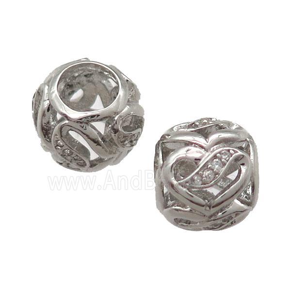 European Style copper round beads paved zircon, platinum plated