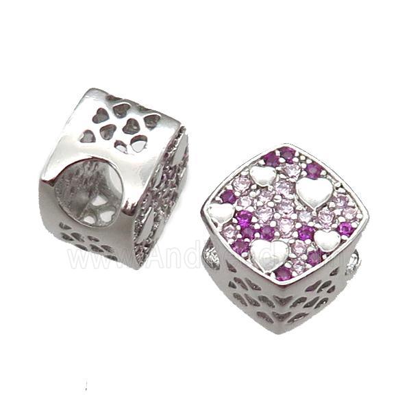 European Style copper square beads paved zircon, platinum plated