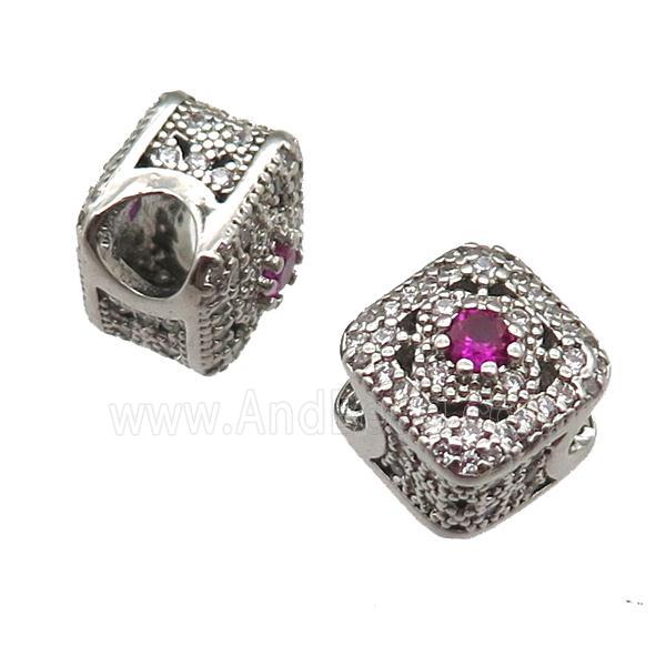 European Style copper square beads paved zircon, platinum plated
