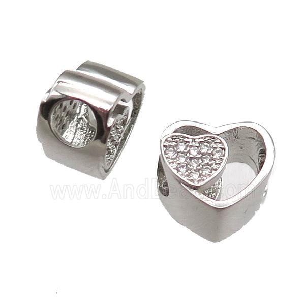 European Style copper heart beads paved zircon, platinum plated