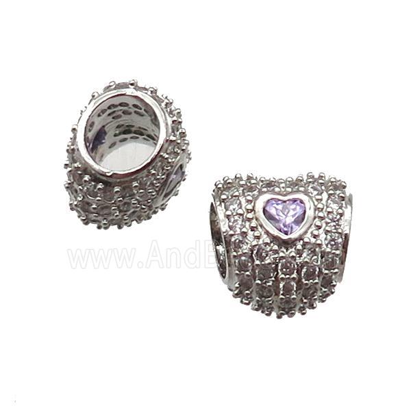European Style copper heart beads paved zircon, large hole, platinum plated