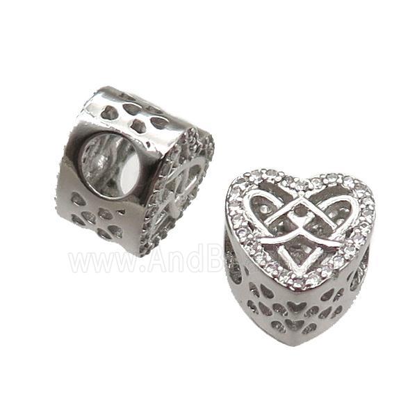 European Style copper heart beads paved zircon, platinum plated