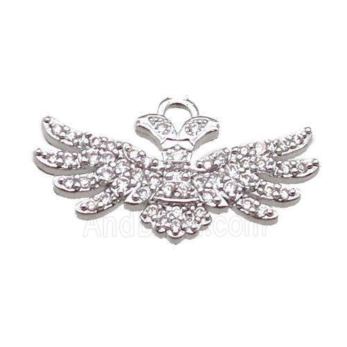 copper pendant paved zircon, angel wing, platinum plated