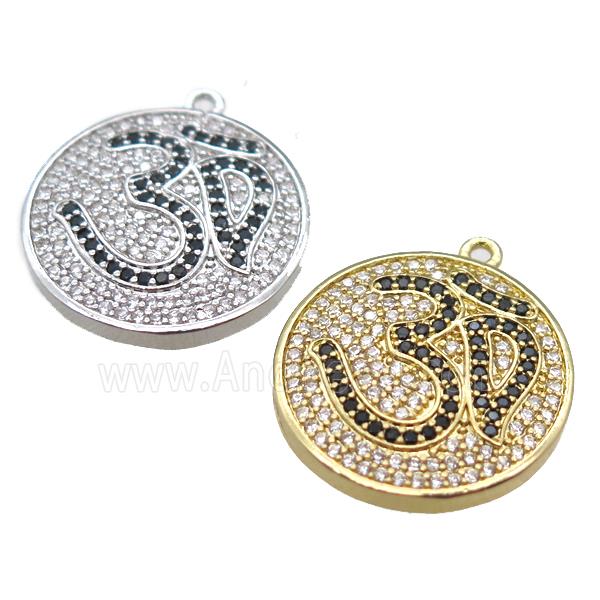 copper circle pendant paved zircon with Om symbol, mixed color
