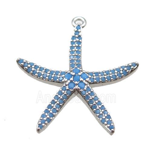 copper starfish pendant paved zircon, turq, platinum plated
