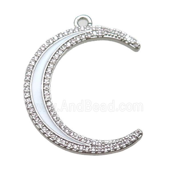 copper crescent moon pendant paved zircon, enameling, platinum plated