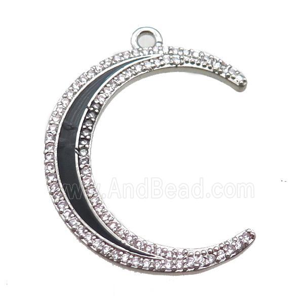 copper crescent moon pendant paved zircon, enameling, platinum plated