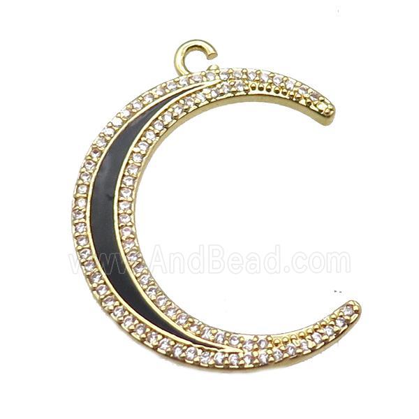 copper crescent moon pendant paved zircon, enameling, gold plated