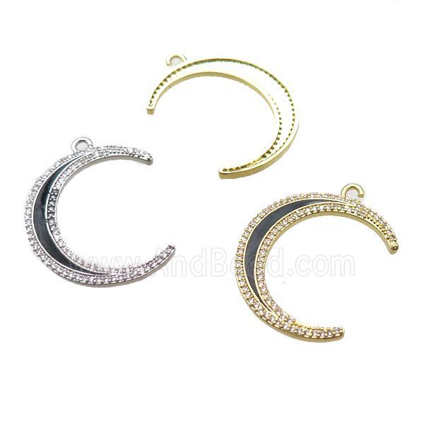copper crescent moon pendant paved zircon, enameling, mixed color