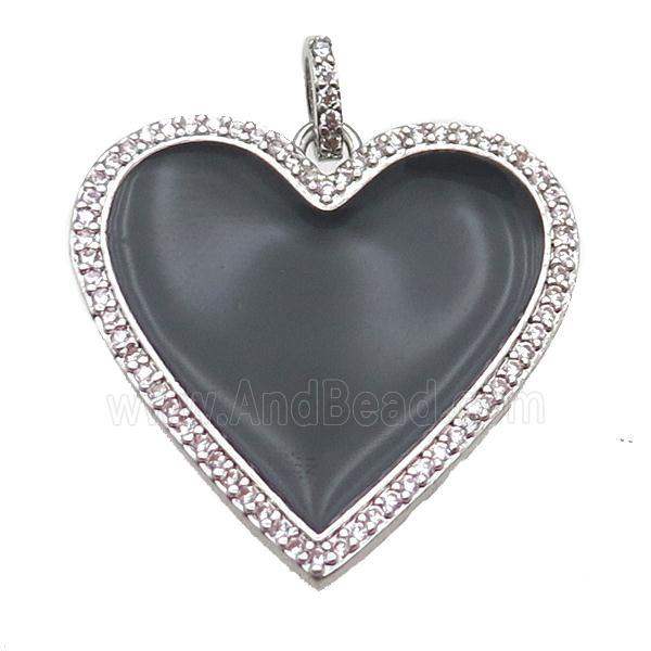 copper heart pendant paved zircon, enameling, platinum plated