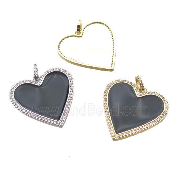 copper heart pendant paved zircon, black enameling, mixed color