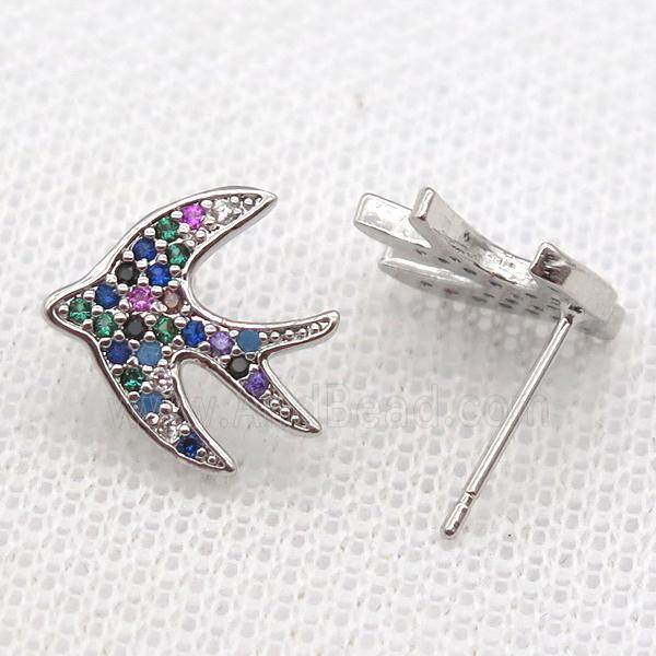 copper Studs Earring paved zircon with swallow, platinum plated