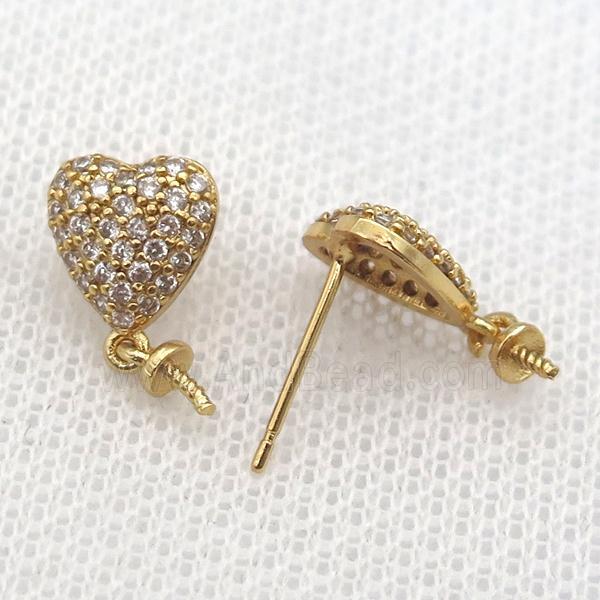 copper Studs Earring paved zircon, heart, gold plated