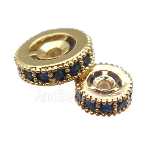 copper spacer beads paved blue zircon, heishi, gold plated