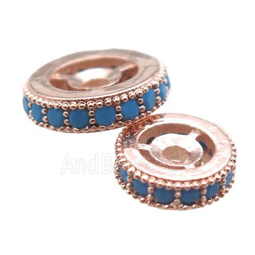 copper spacer beads paved zircon, heishi, rose gold
