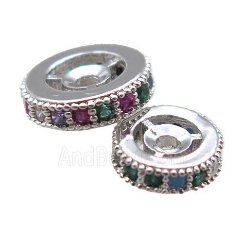 copper spacer beads paved zircon, heishi, platinum plated