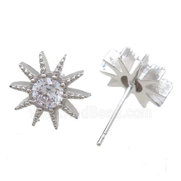 copper studs Earrings paved zircon, platinum plated