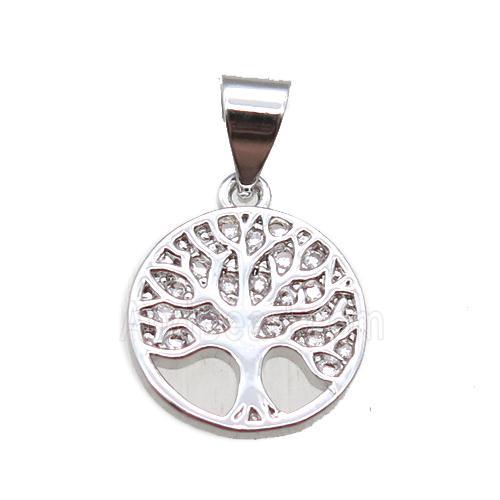 copper pendant paved zircon, tree of life, platinum plated