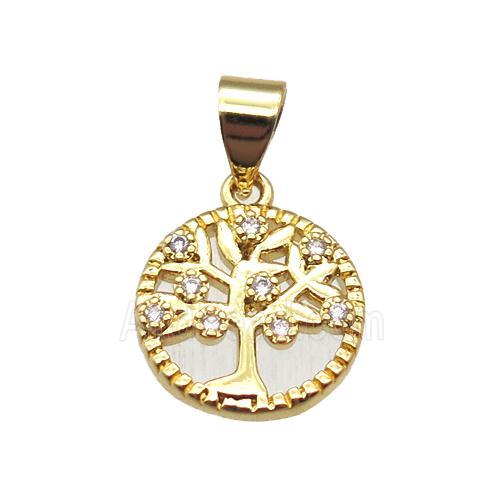 copper pendant paved zircon, tree of life, gold plated