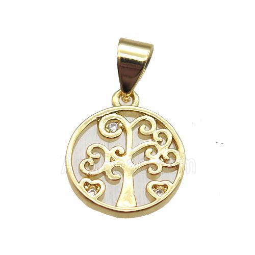 copper pendant paved zircon, tree of life, gold plated