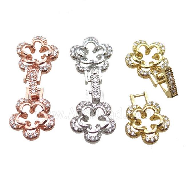 copper connector clasp paved zircon, flower, mixed color