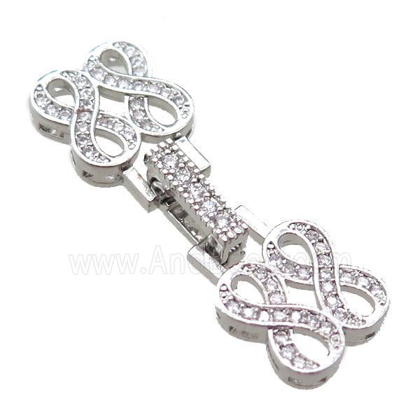 copper connector clasp paved zircon, infinity, platinum plated