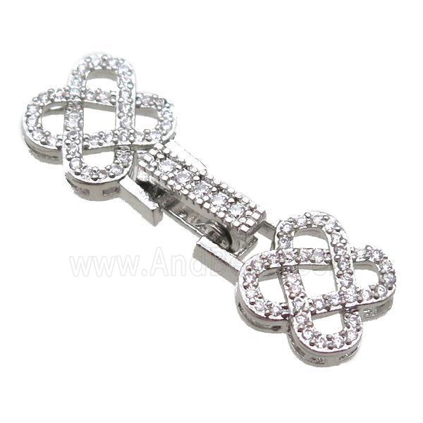 copper connector clasp paved zircon, knot, platinum plated
