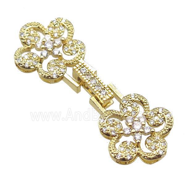 copper connector clasp paved zircon, flower, gold plated