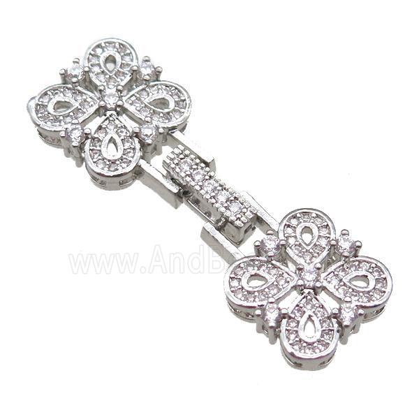 copper connector clasp paved zircon, clover, platinum plated