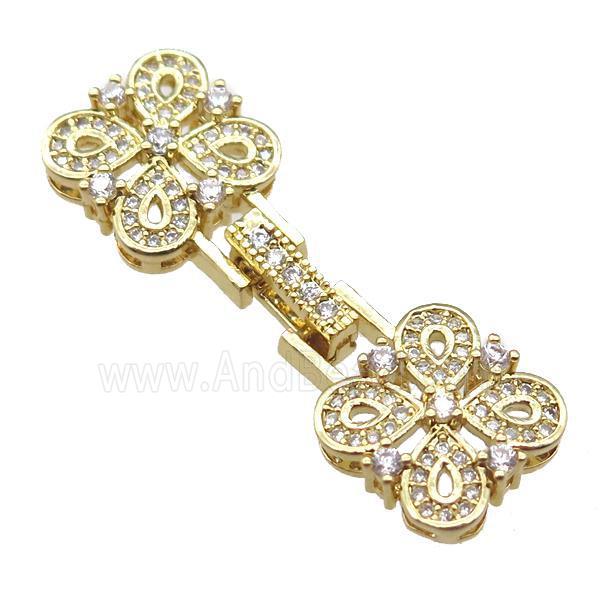copper connector clasp paved zircon, clover, gold plated