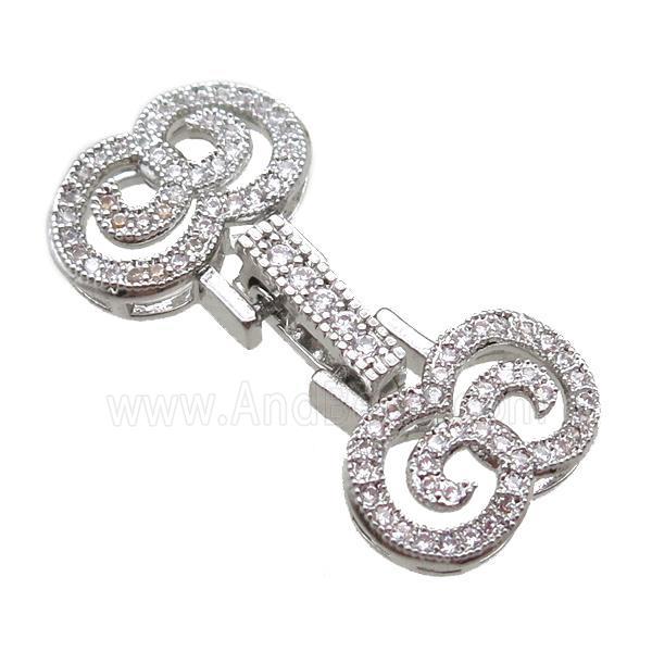 copper connector clasp paved zircon, platinum plated