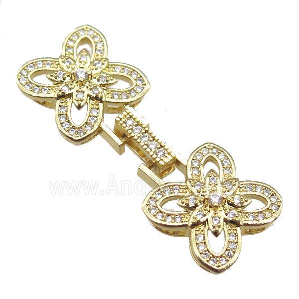 copper connector clasp paved zircon, clover, gold plated