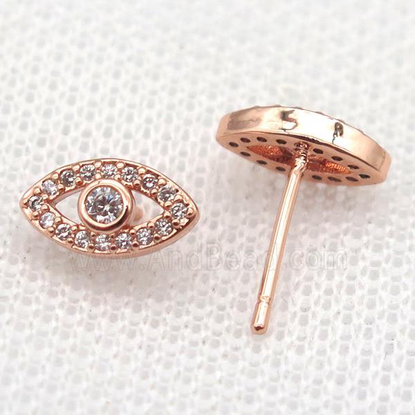 copper Stud Earrings paved zircon, eye, rose gold