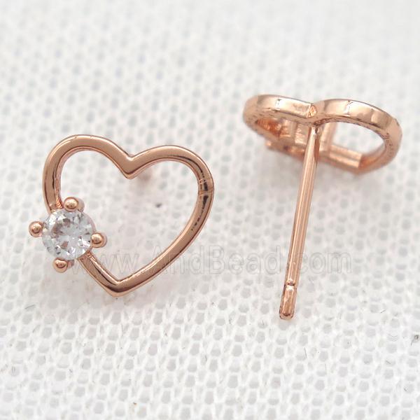 copper Stud Earrings paved zircon, heart, rose gold