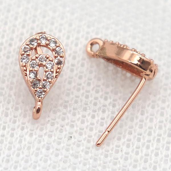 copper Stud Earrings paved zircon, teardrop, rose gold