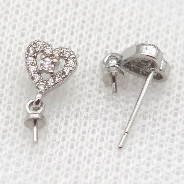 copper Stud Earrings paved zircon, heart, platinum plated