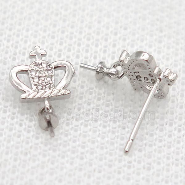 copper Stud Earrings paved zircon, crown, platinum plated