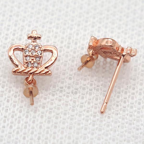 copper Stud Earrings paved zircon, crown, rose gold