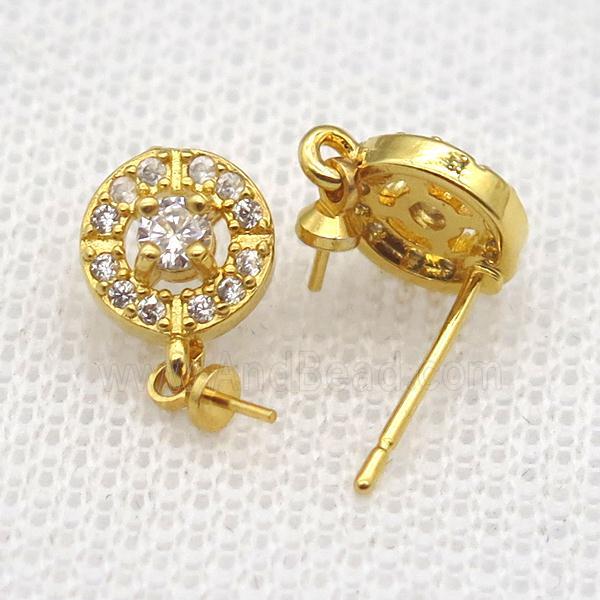copper Stud Earrings paved zircon, circle, gold plated