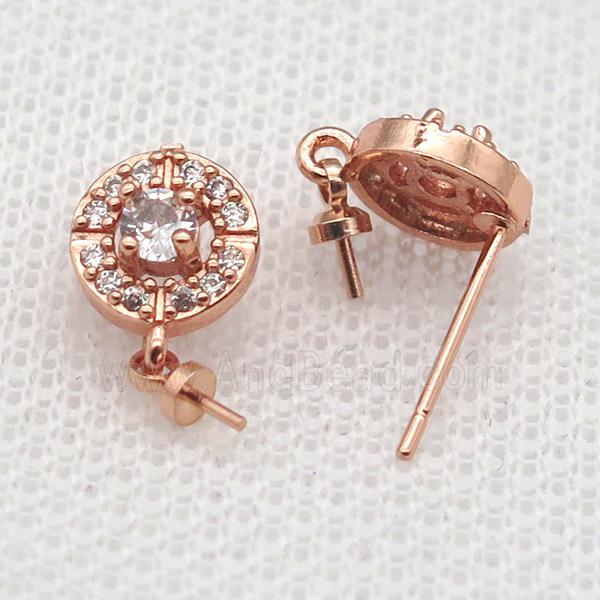 copper Stud Earrings paved zircon, circle, rose gold