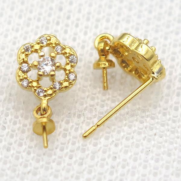 copper Stud Earrings paved zircon, flower, gold plated